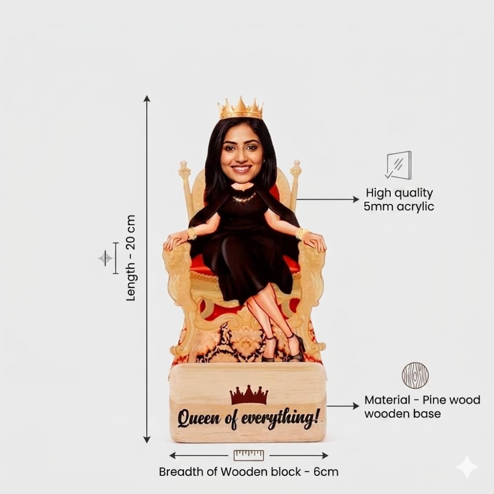 Bazinco Personalized Queen Of Everything Caricature for Women | Custom Acrylic Plaque with Wooden Base | Unique Gift for Women, Wife, Sister, Mom & Best Friend
