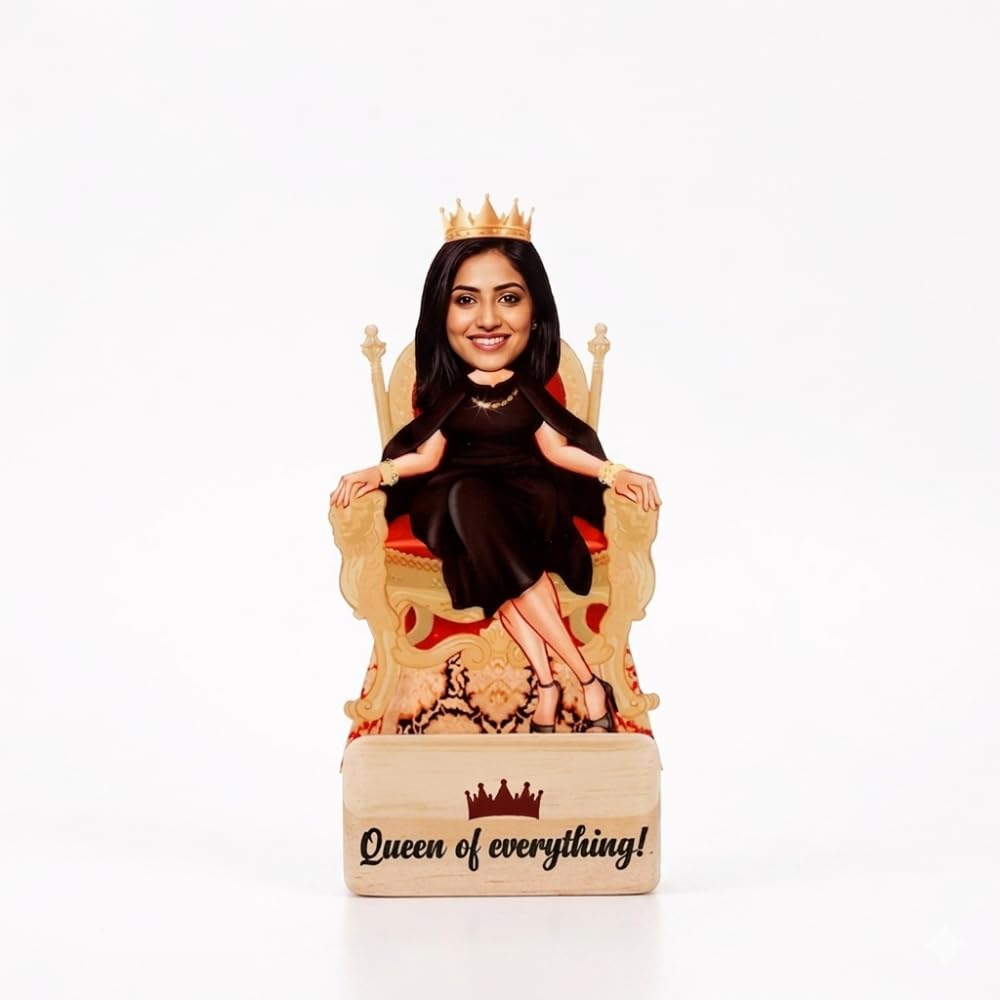 Bazinco Personalized Queen Of Everything Caricature for Women | Custom Acrylic Plaque with Wooden Base | Unique Gift for Women, Wife, Sister, Mom & Best Friend
