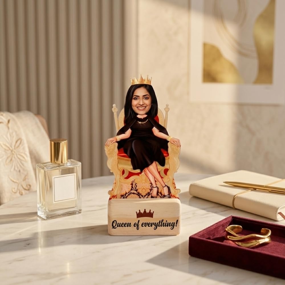 Bazinco Personalized Queen Of Everything Caricature for Women | Custom Acrylic Plaque with Wooden Base | Unique Gift for Women, Wife, Sister, Mom & Best Friend