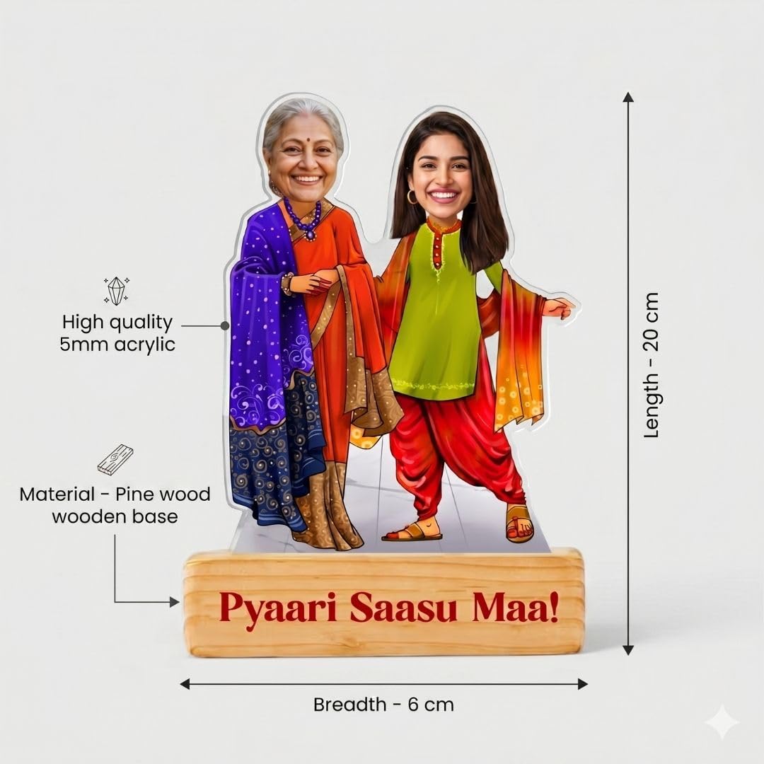 Bazinco Personalized Saasu Maa And Me Caricature | Custom Acrylic Plaque with Wooden Base | Heartwarming Gift for Mother-in-Law, Saasu Maa & Family