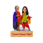 Bazinco Personalized Saasu Maa And Me Caricature | Custom Acrylic Plaque with Wooden Base | Heartwarming Gift for Mother-in-Law, Saasu Maa & Family