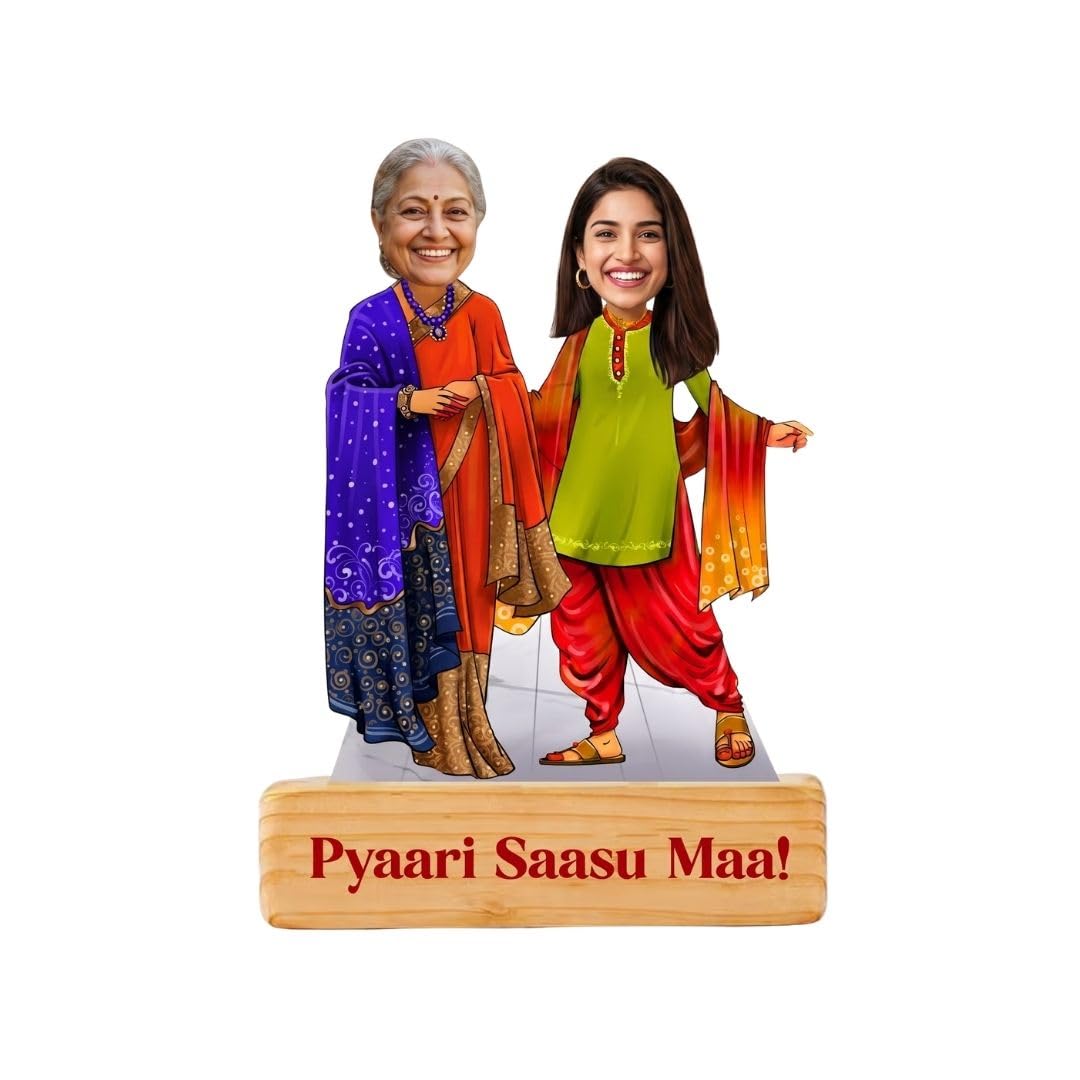 Bazinco Personalized Saasu Maa And Me Caricature | Custom Acrylic Plaque with Wooden Base | Heartwarming Gift for Mother-in-Law, Saasu Maa & Family