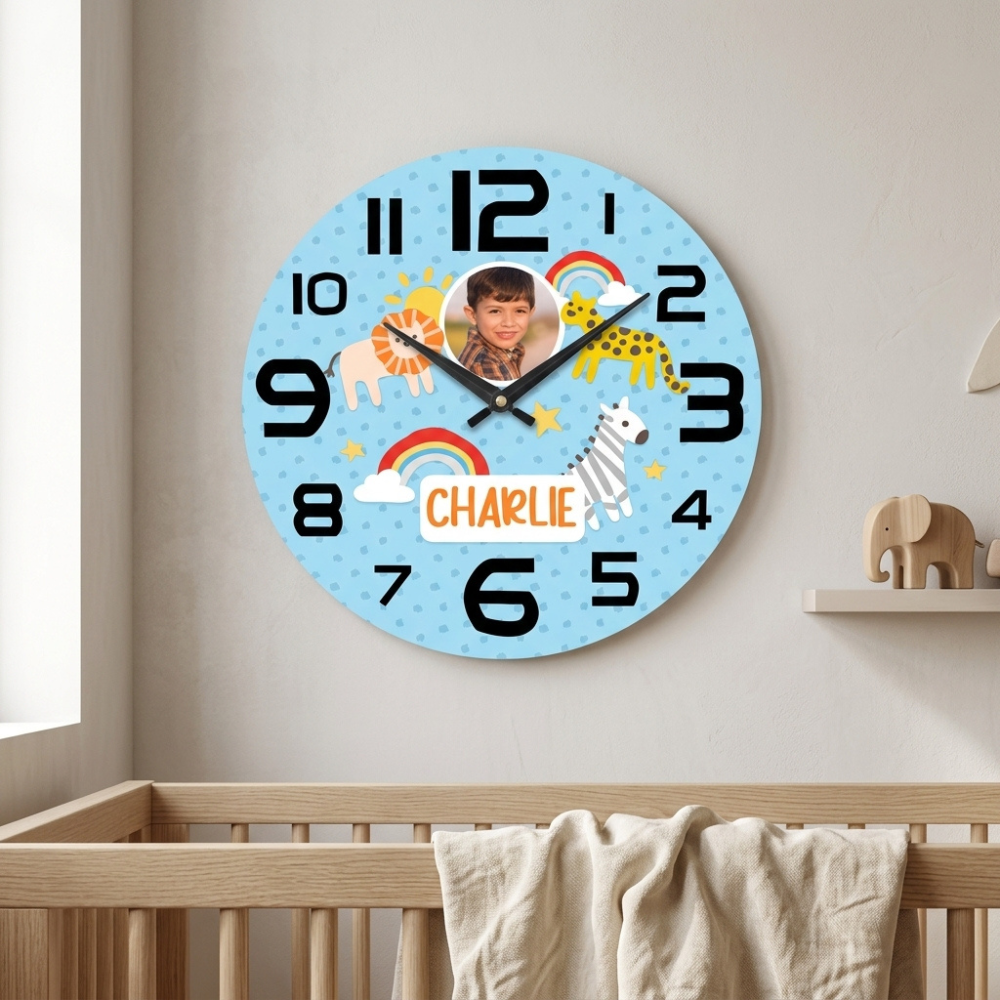 Bazinco Personalized Safari Adventure Photo Wall Clock with Custom Name | Jungle Animals Kids Wall Clock | Nursery & Bedroom Decor | Birthday Gift | Silent Quartz Clock