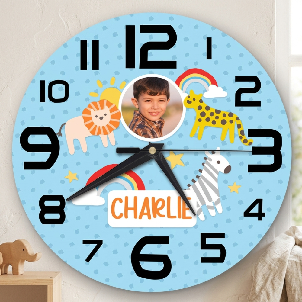 Bazinco Personalized Safari Adventure Photo Wall Clock with Custom Name | Jungle Animals Kids Wall Clock | Nursery & Bedroom Decor | Birthday Gift | Silent Quartz Clock