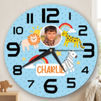 Bazinco Personalized Safari Adventure Photo Wall Clock with Custom Name | Jungle Animals Kids Wall Clock | Nursery & Bedroom Decor | Birthday Gift | Silent Quartz Clock