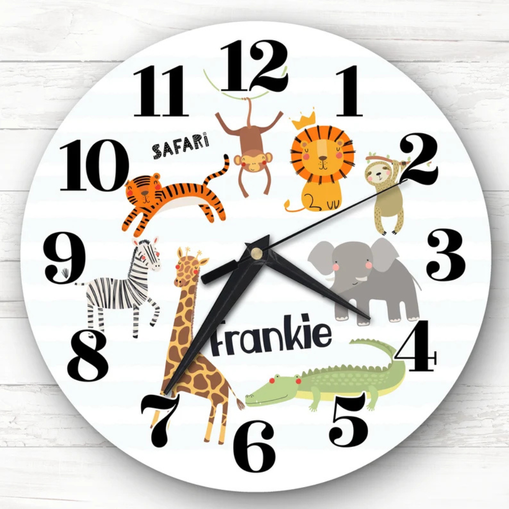 Bazinco Personalized Safari Jungle Animals Kids Wall Clock | Custom Name Nursery Wall Clock for Boys & Girls | Cute Animal Theme Silent Decorative Clock