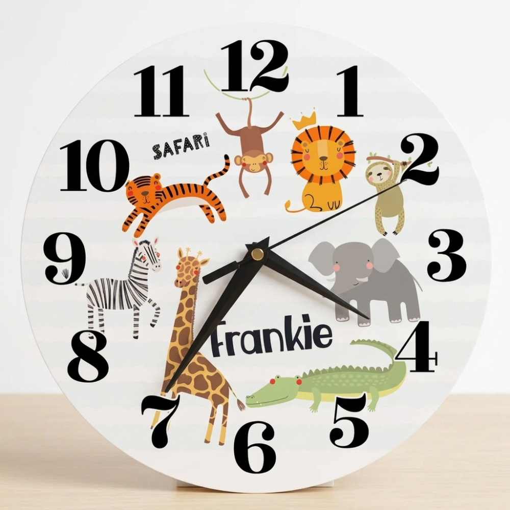 Bazinco Personalized Safari Jungle Animals Kids Wall Clock | Custom Name Nursery Wall Clock for Boys & Girls | Cute Animal Theme Silent Decorative Clock