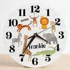 Bazinco Personalized Safari Jungle Animals Kids Wall Clock | Custom Name Nursery Wall Clock for Boys & Girls | Cute Animal Theme Silent Decorative Clock