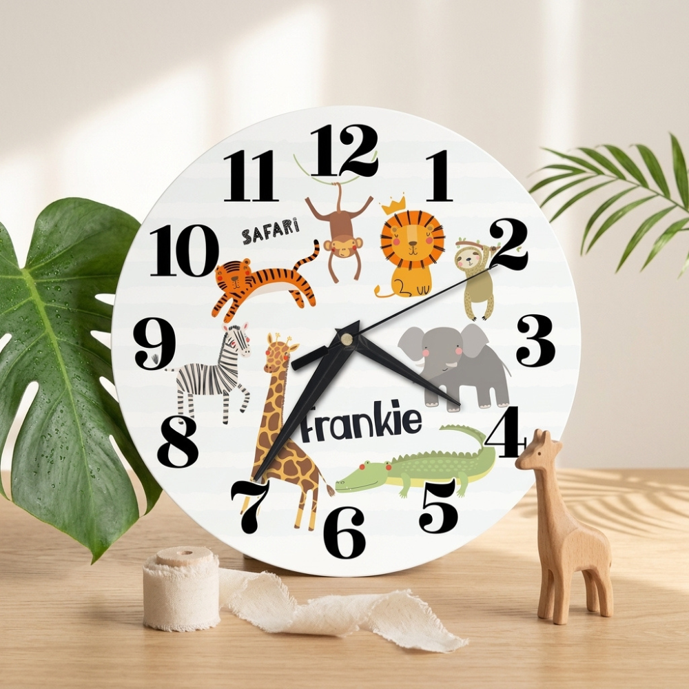 Bazinco Personalized Safari Jungle Animals Kids Wall Clock | Custom Name Nursery Wall Clock for Boys & Girls | Cute Animal Theme Silent Decorative Clock