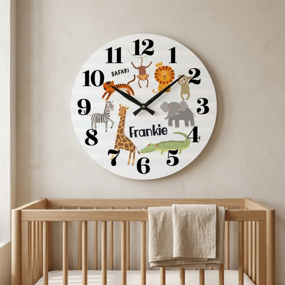 Bazinco Personalized Safari Jungle Animals Kids Wall Clock | Custom Name Nursery Wall Clock for Boys & Girls | Cute Animal Theme Silent Decorative Clock