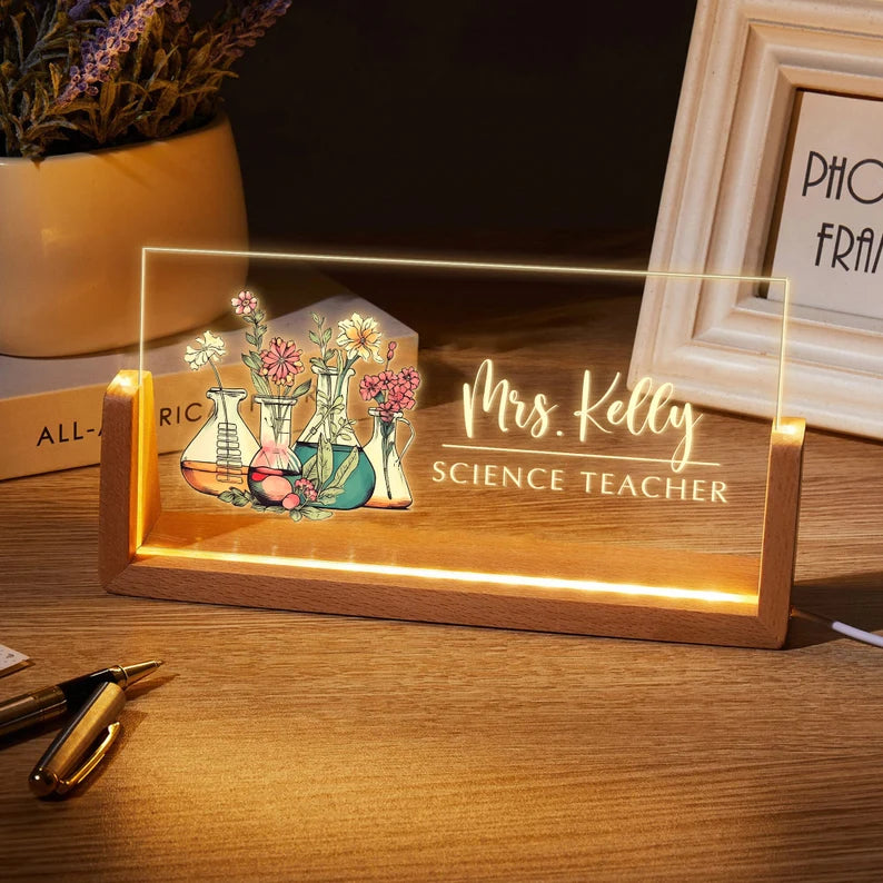 Bazinco Personalized Science Teacher LED Name Lamp with Laboratory Flask Design | Custom Acrylic Desk Lamp Gift