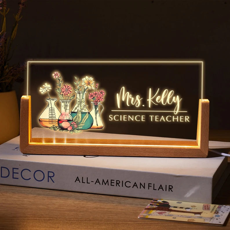 Bazinco Personalized Science Teacher LED Name Lamp with Laboratory Flask Design | Custom Acrylic Desk Lamp Gift