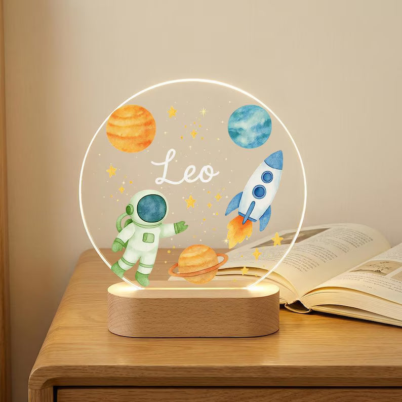 Bazinco Personalized Space Explorer LED Name Lamp with Astronaut & Rocket Design | Custom Acrylic Night Lamp for Kids
