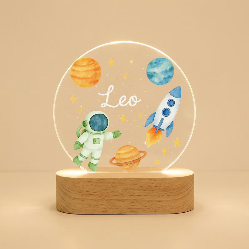 Bazinco Personalized Space Explorer LED Name Lamp with Astronaut & Rocket Design | Custom Acrylic Night Lamp for Kids