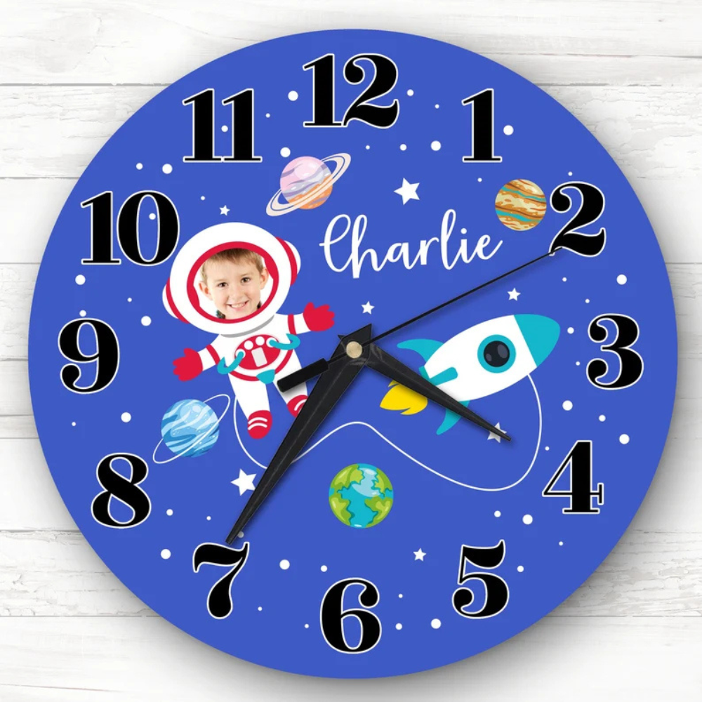 Bazinco Personalized Space Explorer Photo Wall Clock with Custom Name | Astronaut Kids Photo Clock | Rocket & Planet Theme | Birthday Gift | Nursery Room Decor