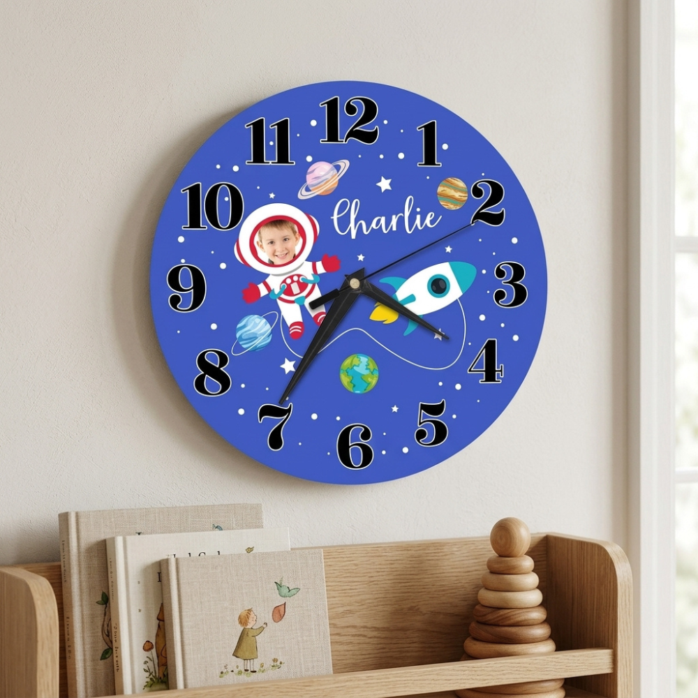 Bazinco Personalized Space Explorer Photo Wall Clock with Custom Name | Astronaut Kids Photo Clock | Rocket & Planet Theme | Birthday Gift | Nursery Room Decor