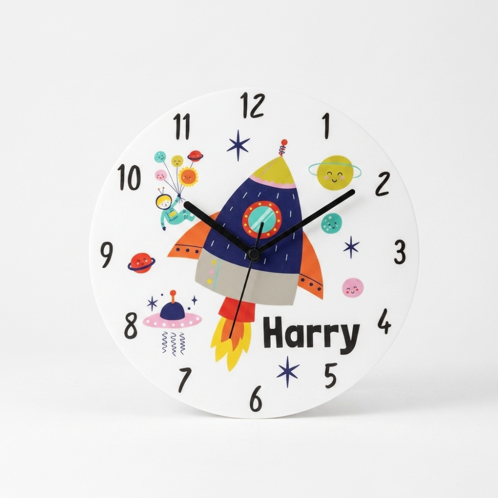 Bazinco Personalized Space Rocket Kids Wall Clock | Custom Name Space Theme Nursery Clock | Rocket Ship Wall Decor for Boys & Girls | Silent Wall Clock