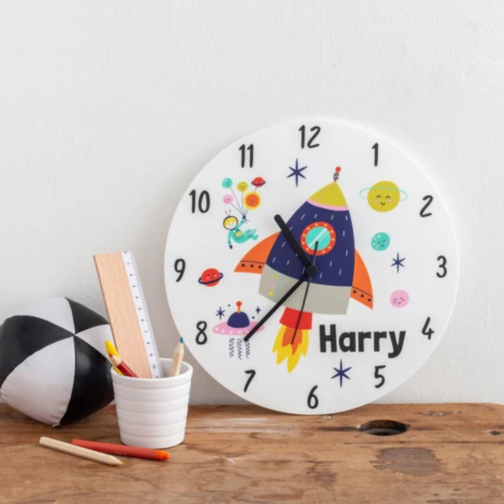 Bazinco Personalized Space Rocket Kids Wall Clock | Custom Name Space Theme Nursery Clock | Rocket Ship Wall Decor for Boys & Girls | Silent Wall Clock