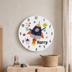 Bazinco Personalized Space Rocket Kids Wall Clock | Custom Name Space Theme Nursery Clock | Rocket Ship Wall Decor for Boys & Girls | Silent Wall Clock