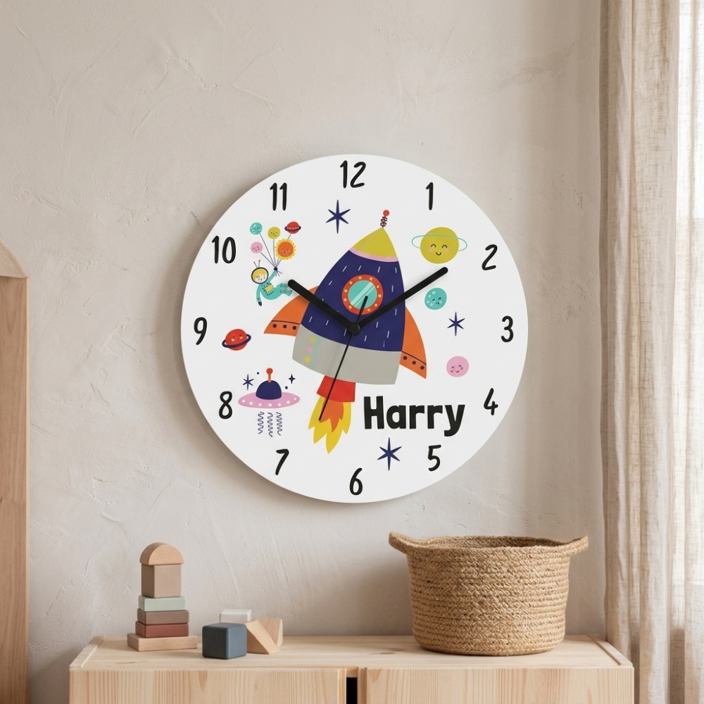 Bazinco Personalized Space Rocket Kids Wall Clock | Custom Name Space Theme Nursery Clock | Rocket Ship Wall Decor for Boys & Girls | Silent Wall Clock