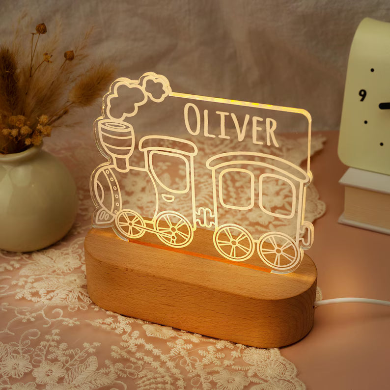 Bazinco Personalized Train Name LED Lamp | Custom Acrylic Train Night Light with Child's Name | Kids Bedroom Decor | Wooden LED Base Gift