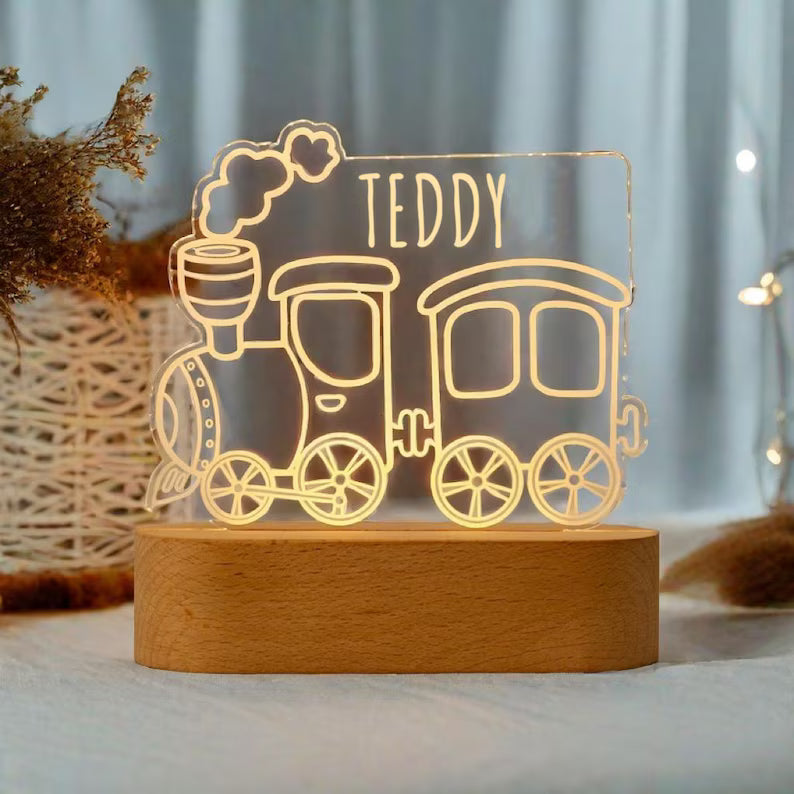 Bazinco Personalized Train Name LED Lamp | Custom Acrylic Train Night Light with Child's Name | Kids Bedroom Decor | Wooden LED Base Gift