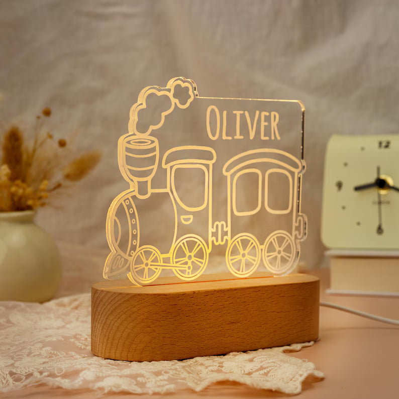Bazinco Personalized Train Name LED Lamp | Custom Acrylic Train Night Light with Child's Name | Kids Bedroom Decor | Wooden LED Base Gift