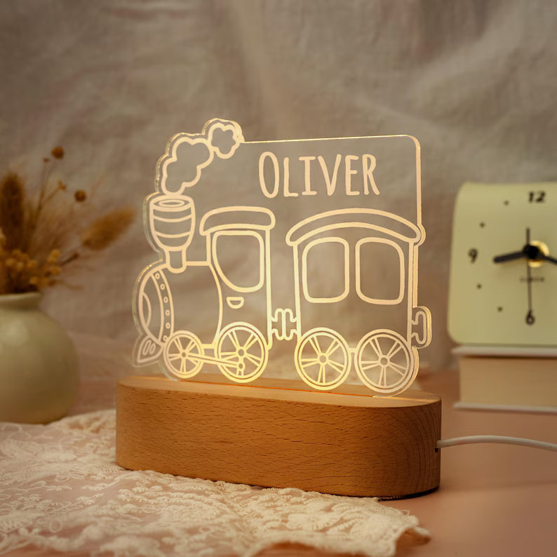 Bazinco Personalized Train Name LED Lamp | Custom Acrylic Train Night Light with Child's Name | Kids Bedroom Decor | Wooden LED Base Gift