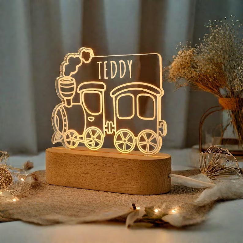 Bazinco Personalized Train Name LED Lamp | Custom Acrylic Train Night Light with Child's Name | Kids Bedroom Decor | Wooden LED Base Gift