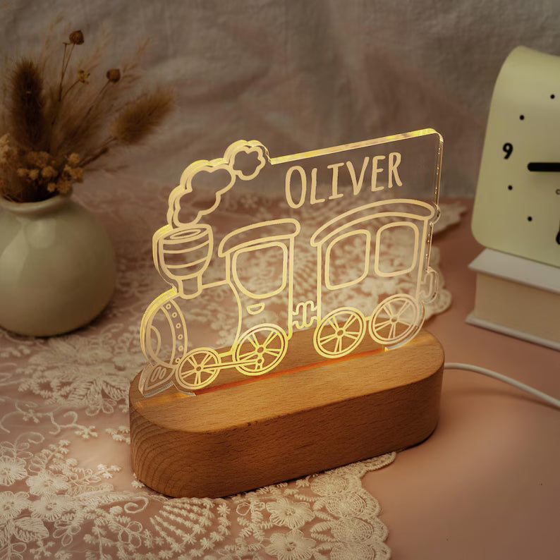 Bazinco Personalized Train Name LED Lamp | Custom Acrylic Train Night Light with Child's Name | Kids Bedroom Decor | Wooden LED Base Gift