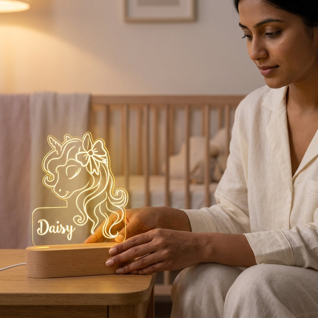 Bazinco Personalized Unicorn Name LED Lamp | Custom Acrylic Unicorn Night Light with Child's Name | Wooden LED Base | Kids Bedroom & Nursery Decor