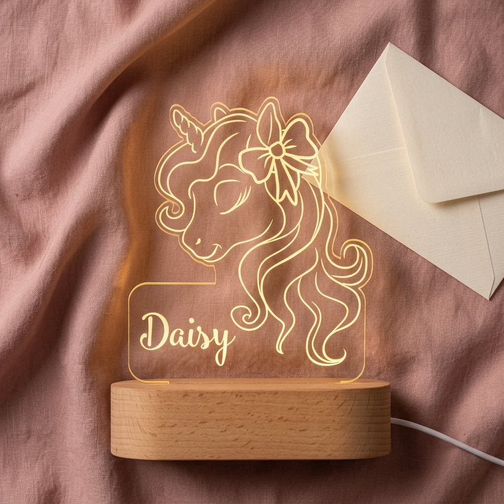 Bazinco Personalized Unicorn Name LED Lamp | Custom Acrylic Unicorn Night Light with Child's Name | Wooden LED Base | Kids Bedroom & Nursery Decor