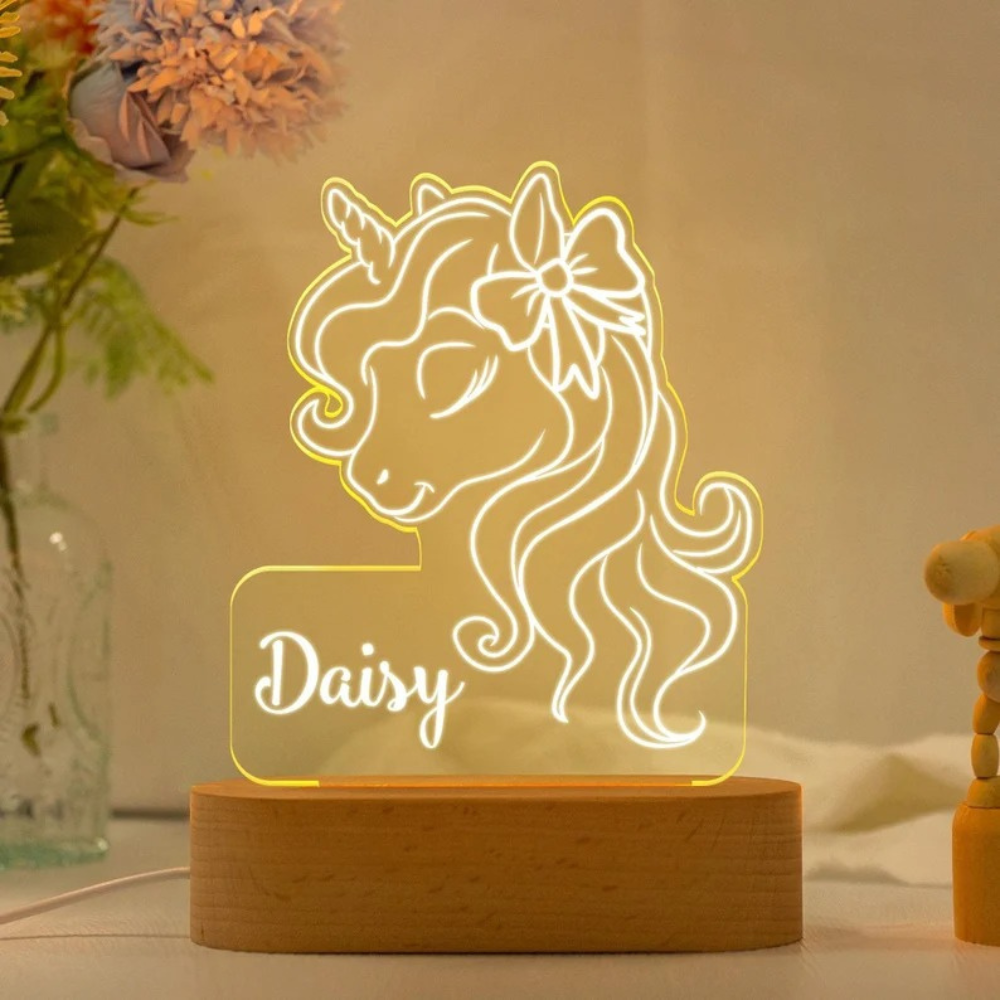 Bazinco Personalized Unicorn Name LED Lamp | Custom Acrylic Unicorn Night Light with Child's Name | Wooden LED Base | Kids Bedroom & Nursery Decor