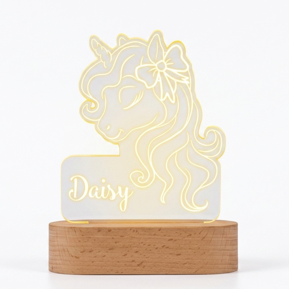 Bazinco Personalized Unicorn Name LED Lamp | Custom Acrylic Unicorn Night Light with Child's Name | Wooden LED Base | Kids Bedroom & Nursery Decor