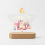 Bazinco Personalized Unicorn Star LED Name Lamp | Custom Kids Acrylic Night Light with Name | Unicorn Nursery Decor | Wooden LED Base Gift