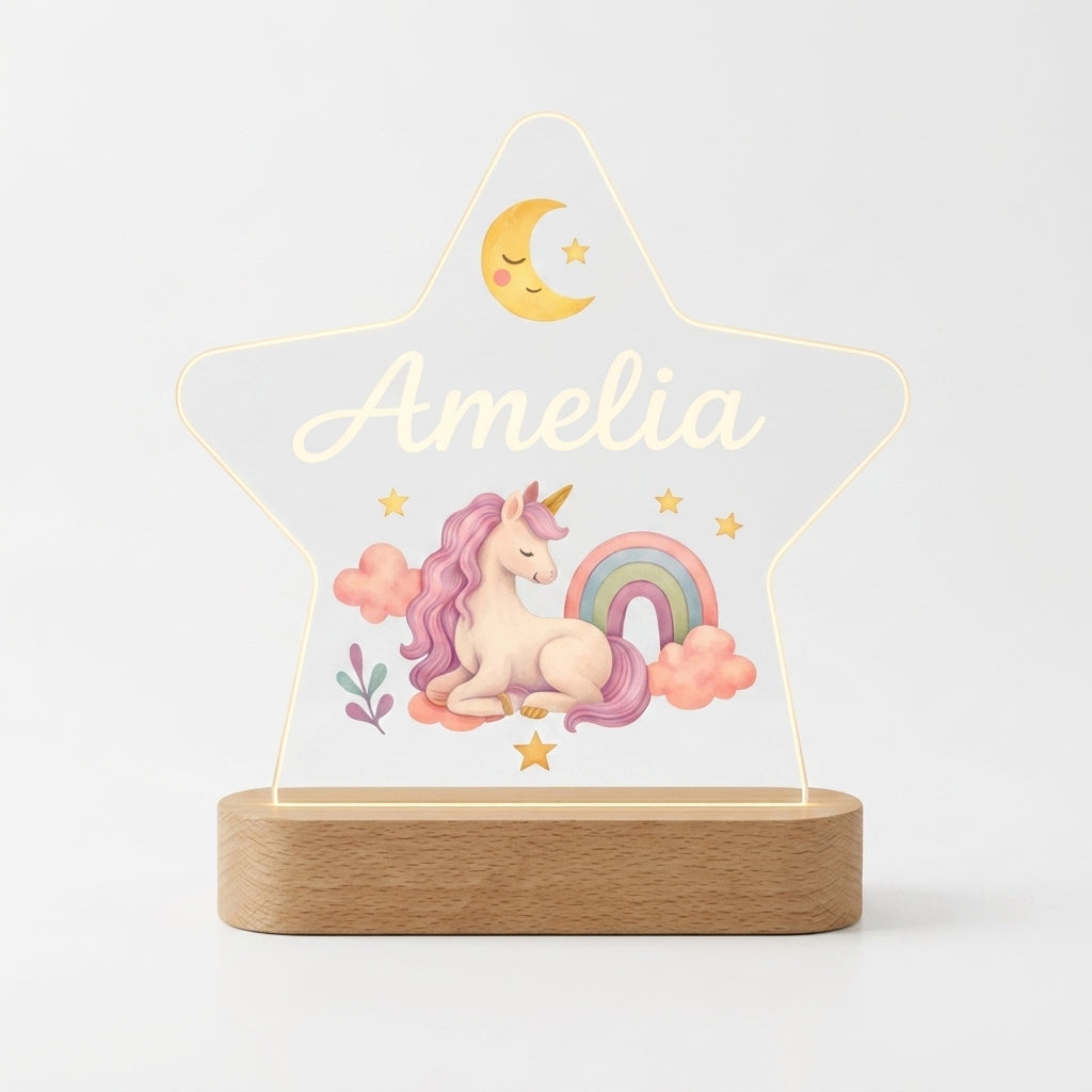 Bazinco Personalized Unicorn Star LED Name Lamp | Custom Kids Acrylic Night Light with Name | Unicorn Nursery Decor | Wooden LED Base Gift