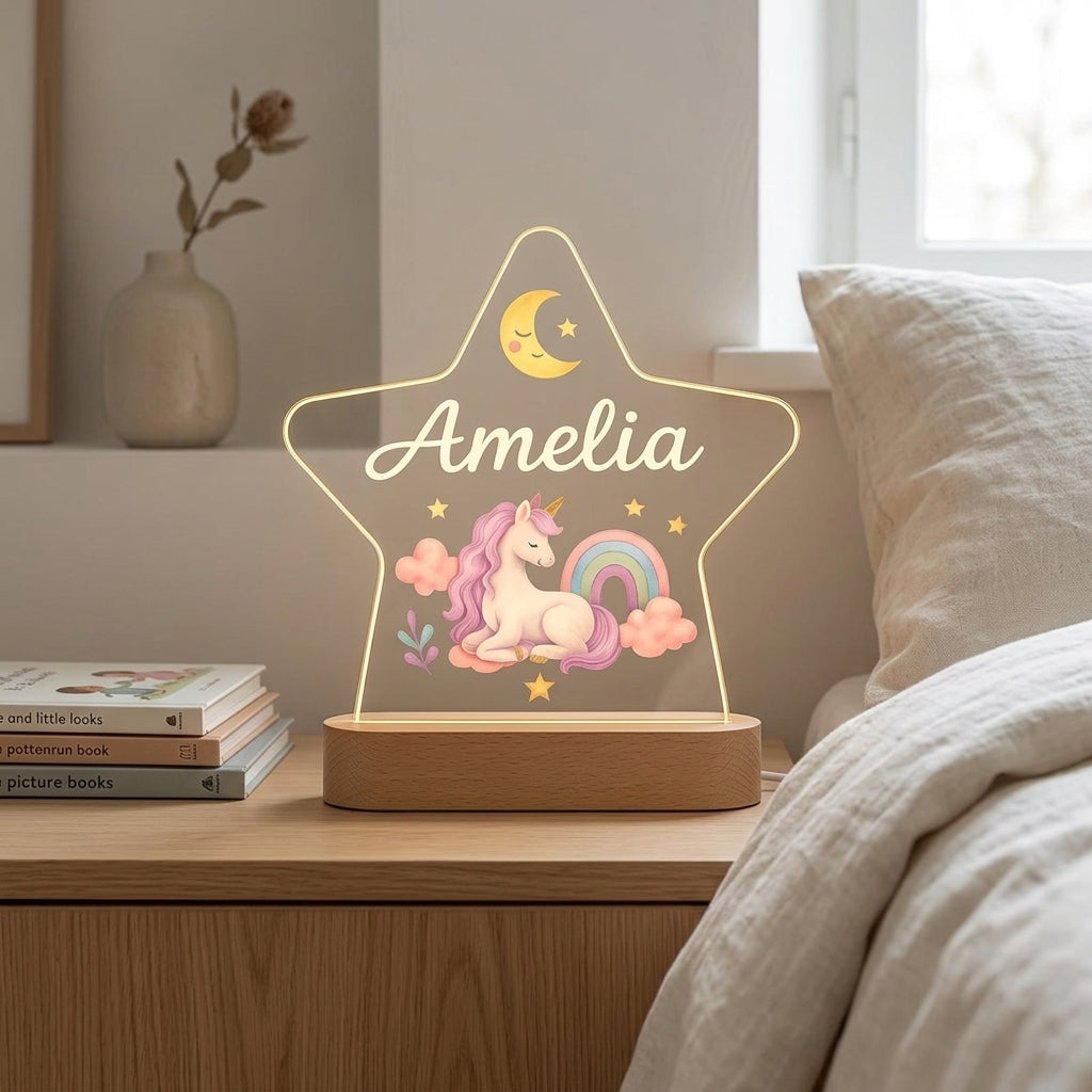 Bazinco Personalized Unicorn Star LED Name Lamp | Custom Kids Acrylic Night Light with Name | Unicorn Nursery Decor | Wooden LED Base Gift