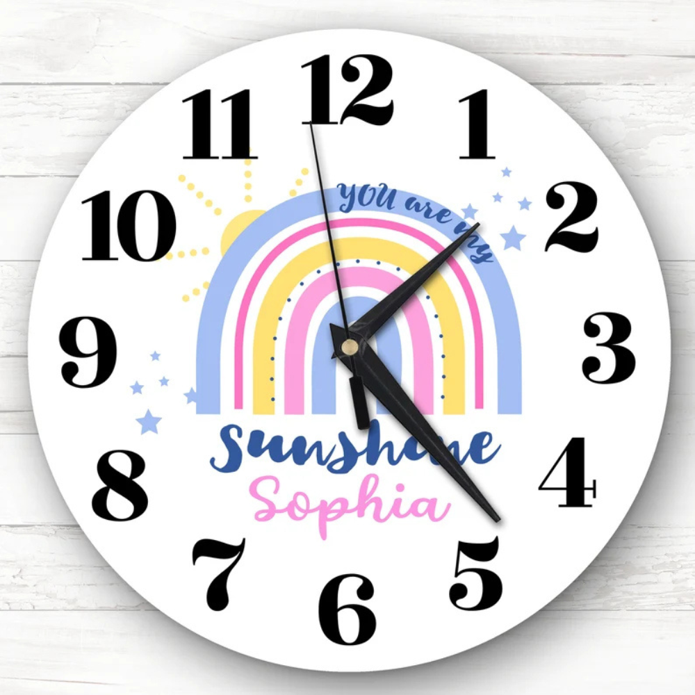 Bazinco Personalized You Are My Sunshine Rainbow Kids Wall Clock | Custom Name Nursery Wall Clock | Cute Rainbow Room Decor for Girls & Babies