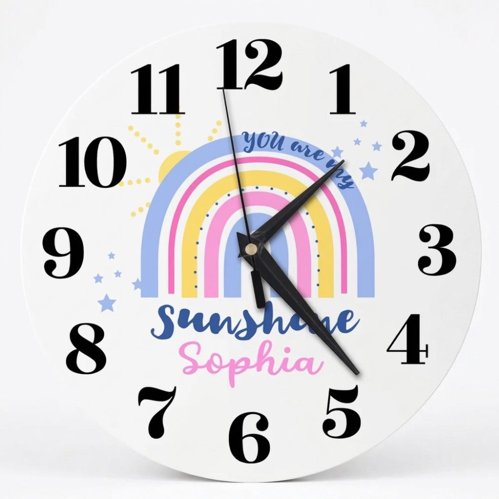 Bazinco Personalized You Are My Sunshine Rainbow Kids Wall Clock | Custom Name Nursery Wall Clock | Cute Rainbow Room Decor for Girls & Babies