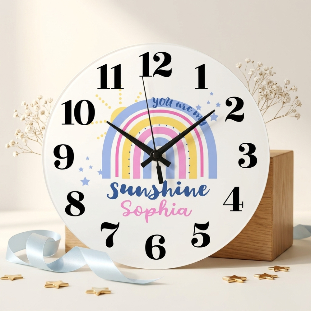 Bazinco Personalized You Are My Sunshine Rainbow Kids Wall Clock | Custom Name Nursery Wall Clock | Cute Rainbow Room Decor for Girls & Babies