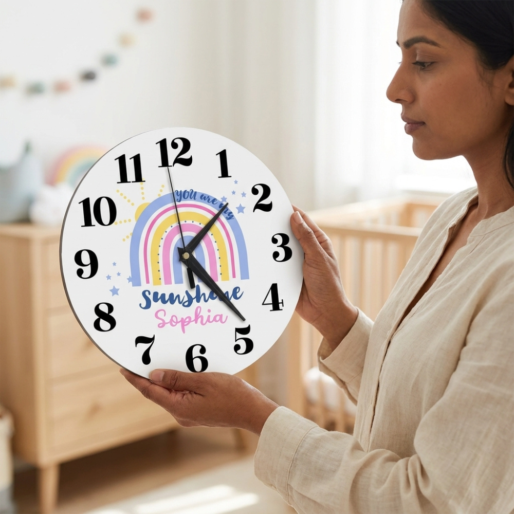 Bazinco Personalized You Are My Sunshine Rainbow Kids Wall Clock | Custom Name Nursery Wall Clock | Cute Rainbow Room Decor for Girls & Babies