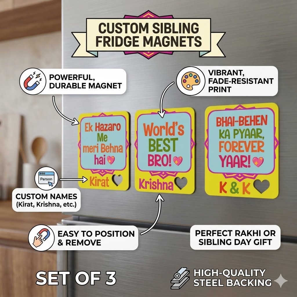 Bazinco Personalized Bhai Behen Fridge Magnet | Custom Name Sibling Gift Magnet | Bhai-Behen Ka Pyaar Forever Yaar