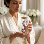 Custom Bride Glass Cup with Name & Wedding Year | Personalized Bridal Glass Can with Bamboo Lid & Reusable Glass Straw | Bride-to-Be Gift by Bazinco