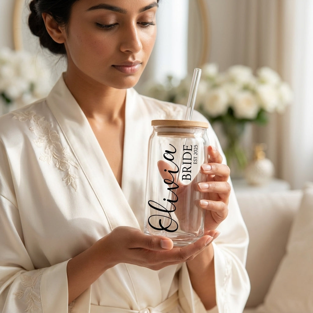 Custom Bride Glass Cup with Name & Wedding Year | Personalized Bridal Glass Can with Bamboo Lid & Reusable Glass Straw | Bride-to-Be Gift by Bazinco