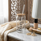 Custom Bride Glass Cup with Name & Wedding Year | Personalized Bridal Glass Can with Bamboo Lid & Reusable Glass Straw | Bride-to-Be Gift by Bazinco