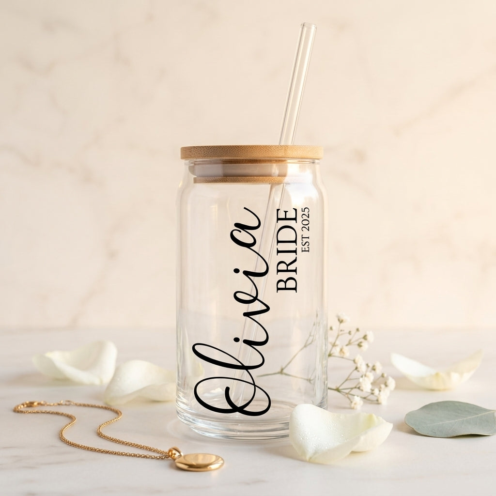 Custom Bride Glass Cup with Name & Wedding Year | Personalized Bridal Glass Can with Bamboo Lid & Reusable Glass Straw | Bride-to-Be Gift by Bazinco