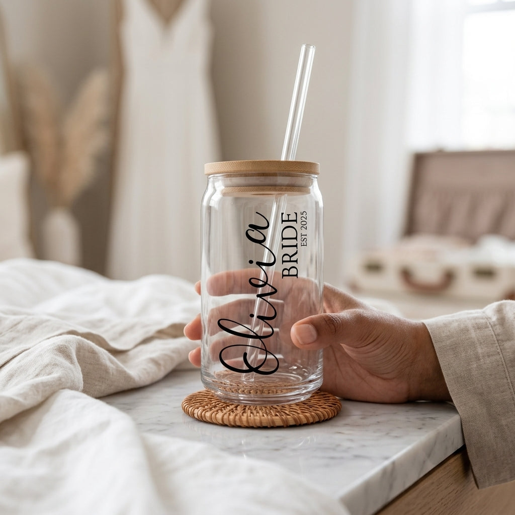 Custom Bride Glass Cup with Name & Wedding Year | Personalized Bridal Glass Can with Bamboo Lid & Reusable Glass Straw | Bride-to-Be Gift by Bazinco