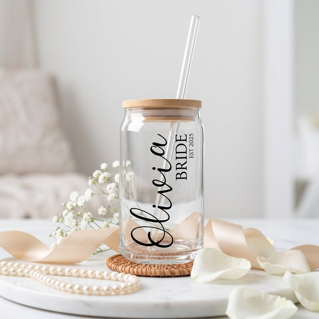 Custom Bride Glass Cup with Name & Wedding Year | Personalized Bridal Glass Can with Bamboo Lid & Reusable Glass Straw | Bride-to-Be Gift by Bazinco