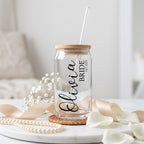 Custom Bride Glass Cup with Name & Wedding Year | Personalized Bridal Glass Can with Bamboo Lid & Reusable Glass Straw | Bride-to-Be Gift by Bazinco