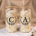 Bazinco Personalized Monogram Letter Glass Cup | Floral Initial Glass Can with Bamboo Lid & Glass Straw | Custom Gift for Her, Bridesmaids & Coffee Lovers